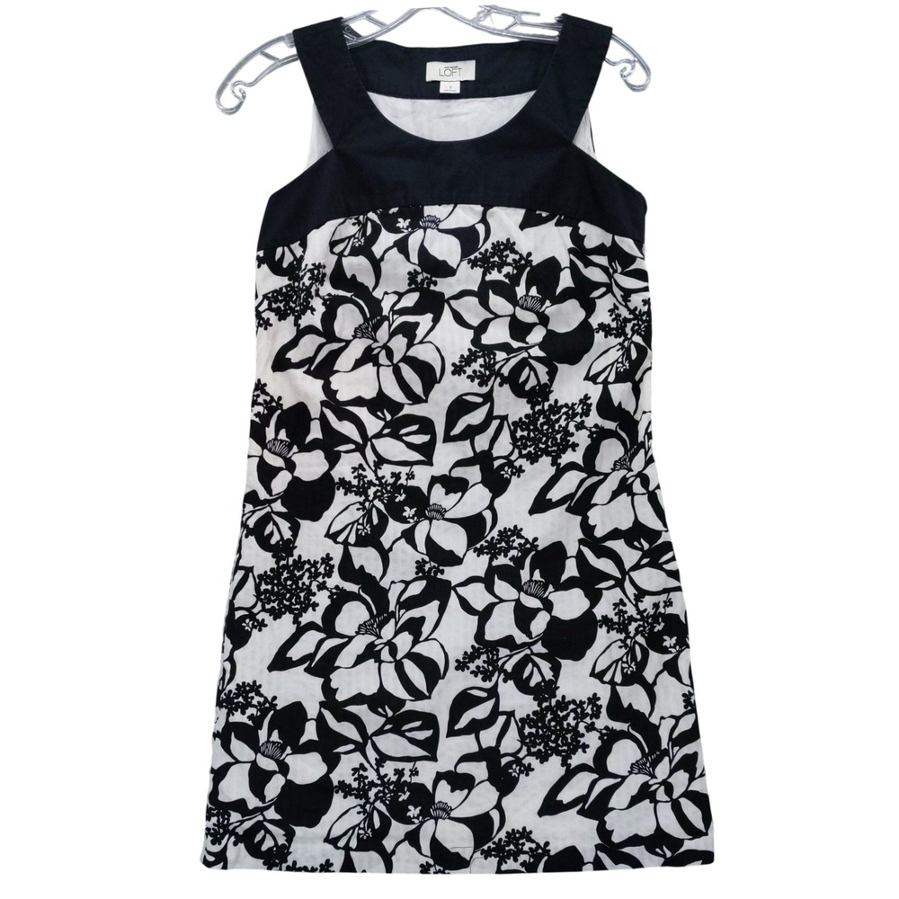 LOFT Floral Print Dress Black‎ White Sleeveless Lined Size 0